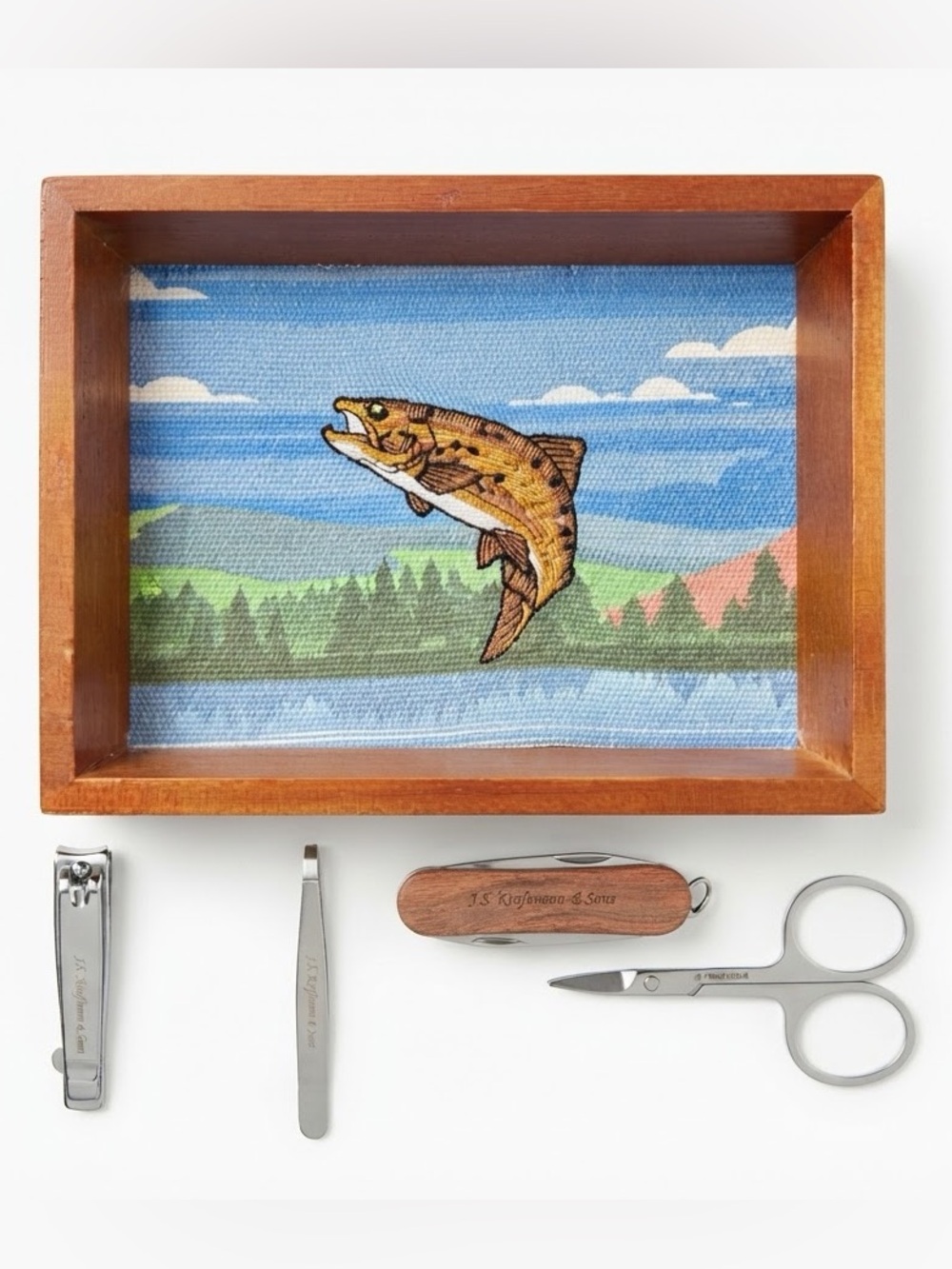 J.S. Kraftsman & Sons NWT Lake Legend Trout Needlepoint Valet Tray Grooming Set